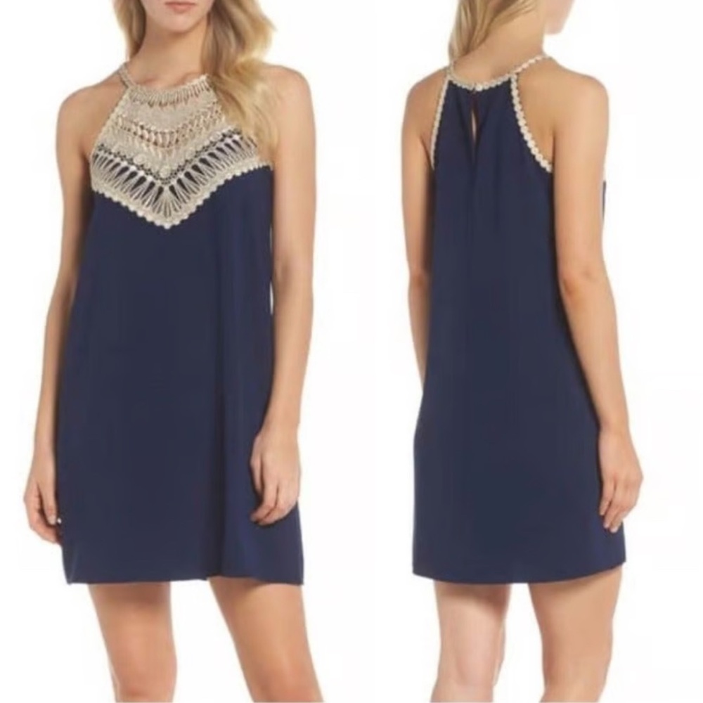 Lilly Pulitzer Pearl Shift Dress in Navy with Gold - Picture 2 of 5